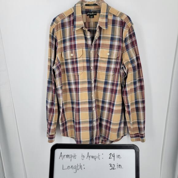 Eddie Bauer Shirt Mens TXL Plaid Yellow Blue Red Button Up Cotton Classic Fit - Picture 7 of 8